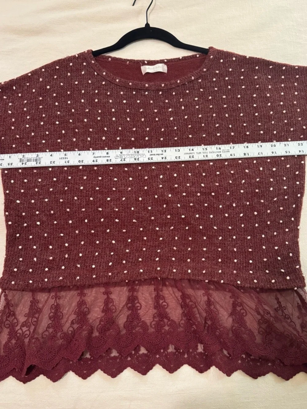 Altar'd State Lace Hem Polka Dot Embellished L/Sleeve Burgundy Red Sweater Large